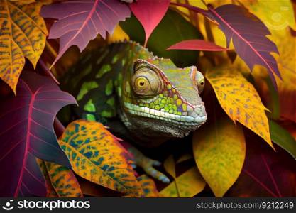 chameleon hiding in the leaves, blending in perfectly, created with generative ai. chameleon hiding in the leaves, blending in perfectly