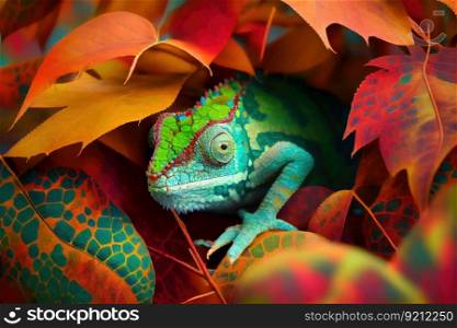 chameleon hiding in the leaves, blending in perfectly, created with generative ai. chameleon hiding in the leaves, blending in perfectly