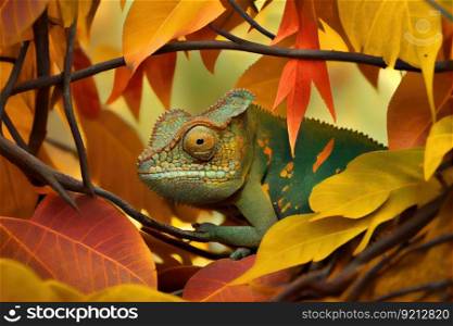 chameleon hiding in tree, blending into the leaves, created with generative ai. chameleon hiding in tree, blending into the leaves
