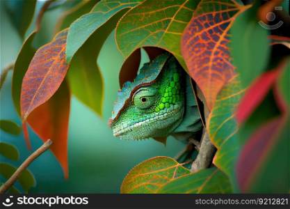 chameleon hiding in tree, blending into the leaves, created with generative ai. chameleon hiding in tree, blending into the leaves