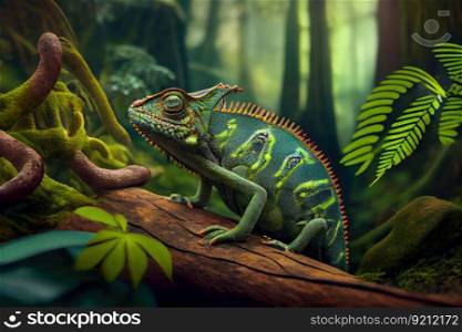 chameleon hunting for its next meal in the forest, created with generative ai. chameleon hunting for its next meal in the forest