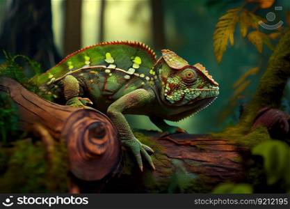 chameleon hunting in the forest, blending into its surroundings, created with generative ai. chameleon hunting in the forest, blending into its surroundings