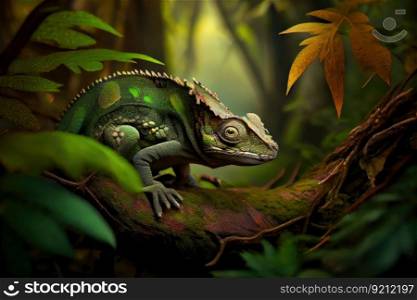 chameleon hunting in the forest, blending into its surroundings, created with generative ai. chameleon hunting in the forest, blending into its surroundings