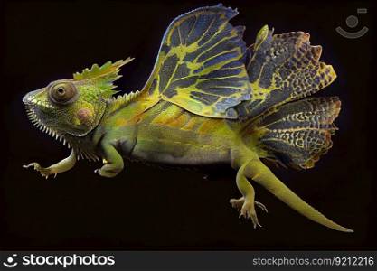 chameleon in flight, its wings and tail visible, created with generative ai. chameleon in flight, its wings and tail visible