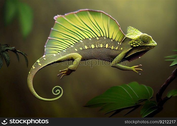 chameleon in flight, its wings and tail visible, created with generative ai. chameleon in flight, its wings and tail visible