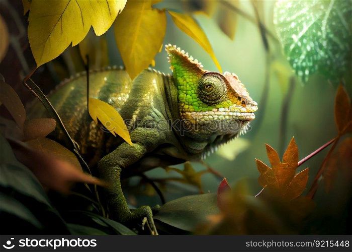 chameleon in its natural environment, hunting among the leaves, created with generative ai. chameleon in its natural environment, hunting among the leaves