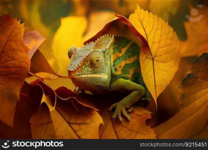 chameleon in its natural environment, hunting among the leaves, created with generative ai. chameleon in its natural environment, hunting among the leaves