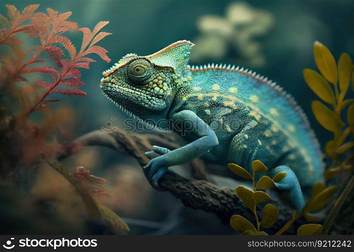 chameleon in its natural habitat, blending seamlessly with the surroundings, created with generative ai. chameleon in its natural habitat, blending seamlessly with the surroundings