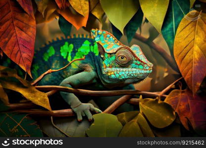 chameleon in jungle setting, camouflaged among the leaves and branches, created with generative ai. chameleon in jungle setting, camouflaged among the leaves and branches