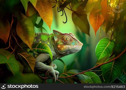 chameleon in jungle setting, camouflaged among the leaves and branches, created with generative ai. chameleon in jungle setting, camouflaged among the leaves and branches