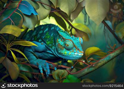chameleon in jungle setting, camouflaged among the leaves and branches, created with generative ai. chameleon in jungle setting, camouflaged among the leaves and branches