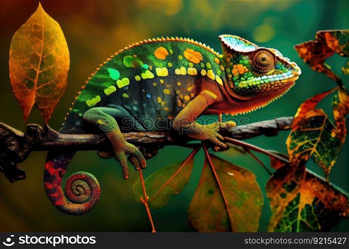 chameleon in the midst of changing colors, from green to yellow, created with generative ai. chameleon in the midst of changing colors, from green to yellow