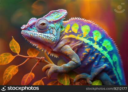 chameleon in the midst of changing colors, its skin shimmering with new shades, created with generative ai. chameleon in the midst of changing colors, its skin shimmering with new shades