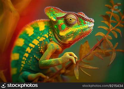 chameleon in the midst of changing its colors, from green to yellow and red, created with generative ai. chameleon in the midst of changing its colors, from green to yellow and red