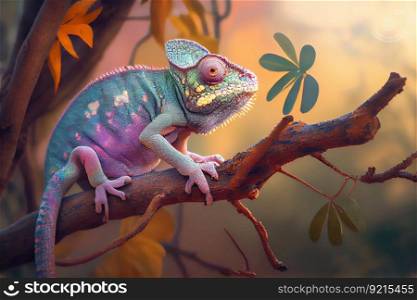 chameleon in the trees, perched on a branch and watching its surroundings, created with generative ai. chameleon in the trees, perched on a branch and watching its surroundings