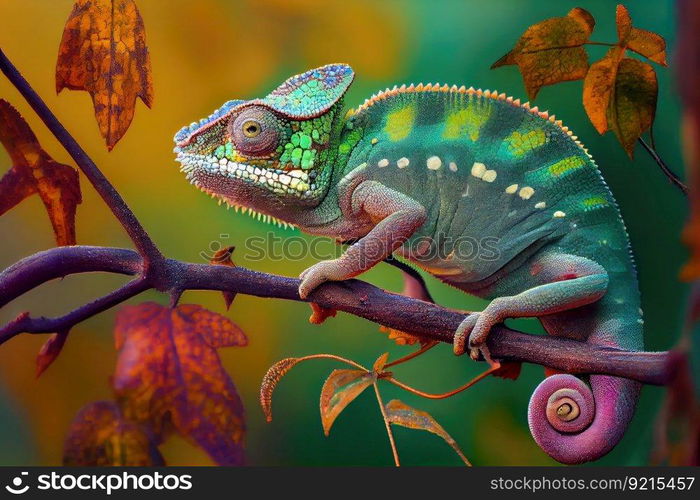 chameleon in the trees, perched on a branch and watching its surroundings, created with generative ai. chameleon in the trees, perched on a branch and watching its surroundings