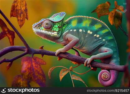 chameleon in the trees, perched on a branch and watching its surroundings, created with generative ai. chameleon in the trees, perched on a branch and watching its surroundings