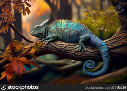 chameleon lying on tree branch, blending in with its surroundings, created with generative ai. chameleon lying on tree branch, blending in with its surroundings