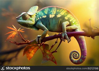 chameleon on branch, basking in the sun, created with generative ai. chameleon on branch, basking in the sun