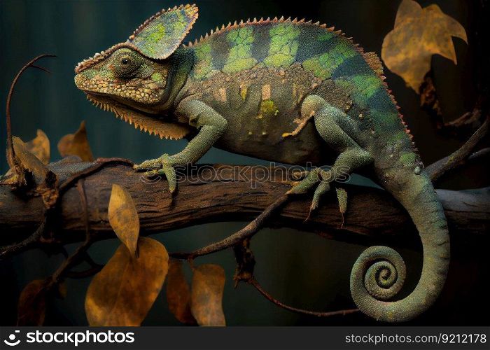 chameleon on branch, surveying its surroundings, created with generative ai. chameleon on branch, surveying its surroundings