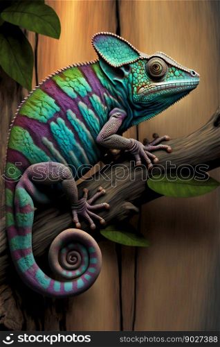 Chameleon on tree bamboo. Generative Ai. High quality illustration. Chameleon on tree bamboo. Generative Ai