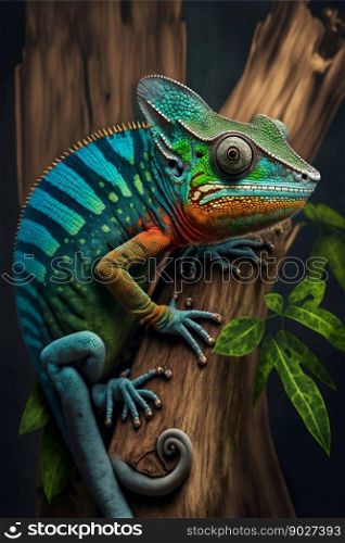 Chameleon on tree bamboo. Generative Ai. High quality illustration. Chameleon on tree bamboo. Generative Ai