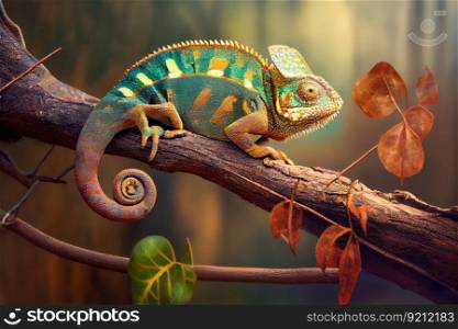 chameleon on tree branch, blending into its surroundings, created with generative ai. chameleon on tree branch, blending into its surroundings