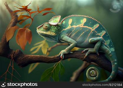 chameleon on tree branch, blending into its surroundings, created with generative ai. chameleon on tree branch, blending into its surroundings