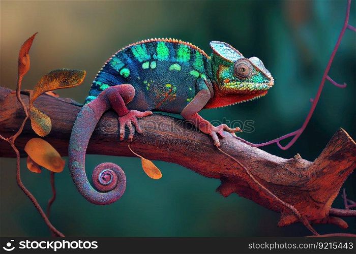 chameleon on tree branch, its colors changing with the surrounding environment, created with generative ai. chameleon on tree branch, its colors changing with the surrounding environment
