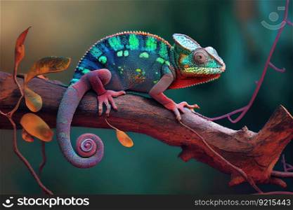 chameleon on tree branch, its colors changing with the surrounding environment, created with generative ai. chameleon on tree branch, its colors changing with the surrounding environment