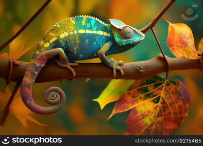 chameleon on tree branch, its skin changing to blend in with the leaves, created with generative ai. chameleon on tree branch, its skin changing to blend in with the leaves