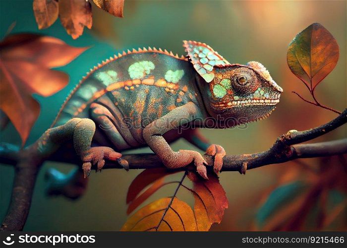 chameleon on tree branch, its skin changing to blend in with the leaves, created with generative ai. chameleon on tree branch, its skin changing to blend in with the leaves