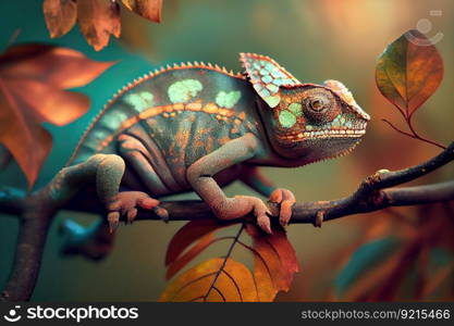 chameleon on tree branch, its skin changing to blend in with the leaves, created with generative ai. chameleon on tree branch, its skin changing to blend in with the leaves