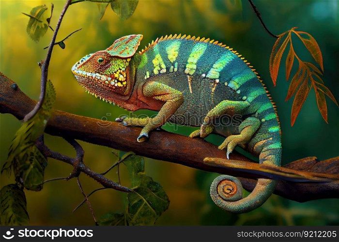 chameleon on tree branch, surveying its surroundings, created with generative ai. chameleon on tree branch, surveying its surroundings