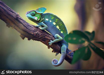chameleon perched on tree branch, surveying its surroundings, created with generative ai. chameleon perched on tree branch, surveying its surroundings