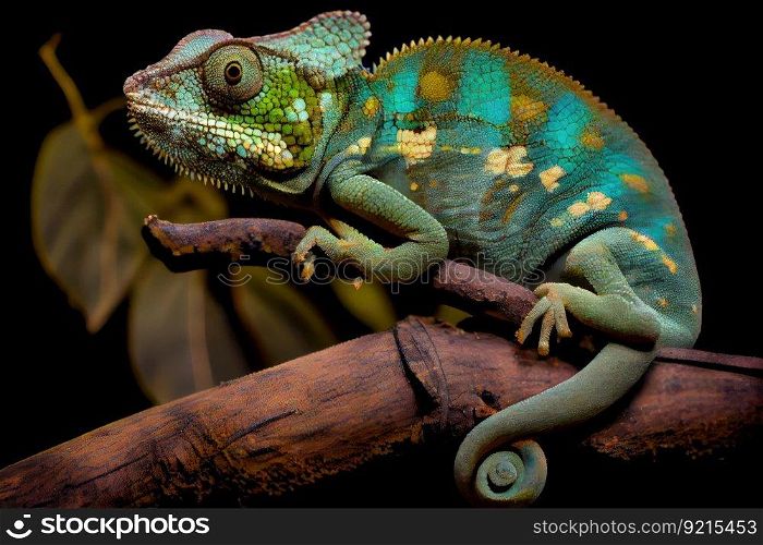 chameleon perched on tree branch, surveying its surroundings, created with generative ai. chameleon perched on tree branch, surveying its surroundings