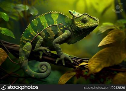 chameleon showing off its camouflage skills, blending into the jungle environment, created with generative ai. chameleon showing off its camouflage skills, blending into the jungle environment