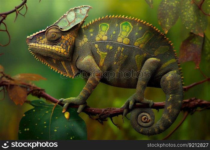 chameleon showing off its camouflage skills, blending into the jungle environment, created with generative ai. chameleon showing off its camouflage skills, blending into the jungle environment