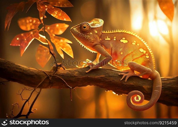 chameleon sitting on branch, catching the sun&rsquo;s rays, created with generative ai. chameleon sitting on branch, catching the sun&rsquo;s rays