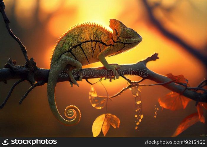 chameleon sitting on branch, catching the sun&rsquo;s rays, created with generative ai. chameleon sitting on branch, catching the sun&rsquo;s rays