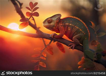 chameleon sitting on branch, catching the sun’s rays, created with generative ai. chameleon sitting on branch, catching the sun’s rays