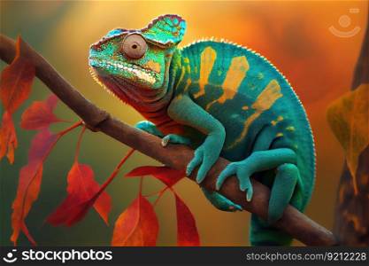 chameleon sitting on branch, changing colors to blend in with its surroundings, created with generative ai. chameleon sitting on branch, changing colors to blend in with its surroundings
