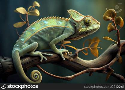 chameleon sitting on branch, watching the world go by, created with generative ai. chameleon sitting on branch, watching the world go by