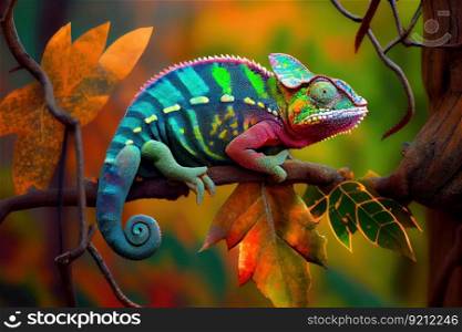 chameleon sitting on tree branch, changing colors to blend in with surroundings, created with generative ai. chameleon sitting on tree branch, changing colors to blend in with surroundings