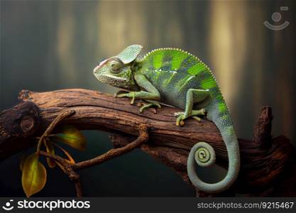 chameleon sitting on tree branch, surveying its surroundings, created with generative ai. chameleon sitting on tree branch, surveying its surroundings