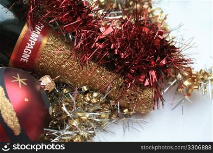 Champagne bottle and christmas decorations
