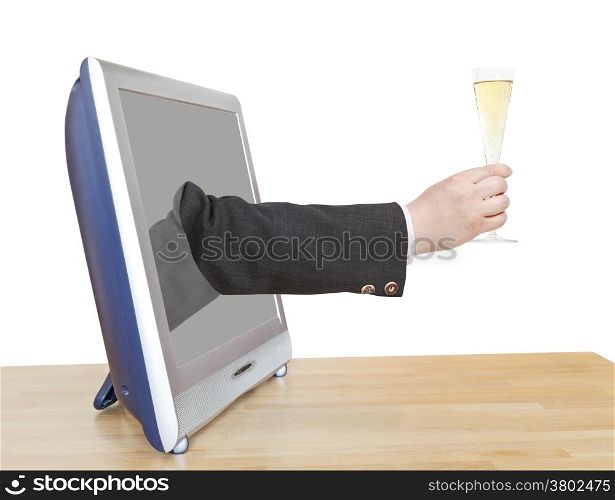 champagne glass in businessman hand leans out TV screen isolated on white background