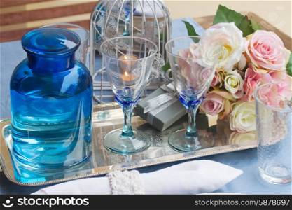 Champagne glasses. Two empty champagne glasses with rose flowers