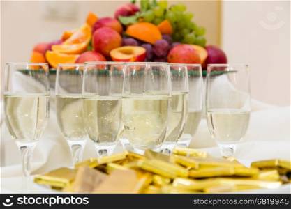 champagne with light snack serving on wecome table for paty, event, wedding