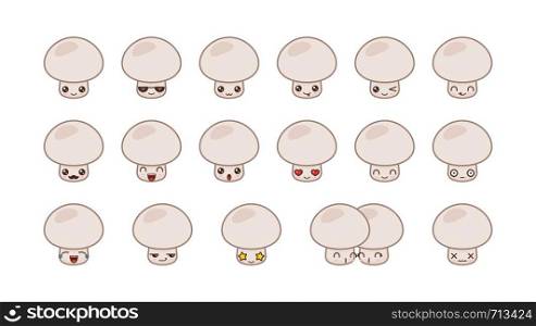 Champignon cute kawaii mascot. Set kawaii food faces expressions smile emoticons.